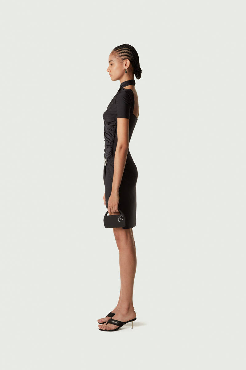 Ventral asymmetric pintucked draped jersey dress