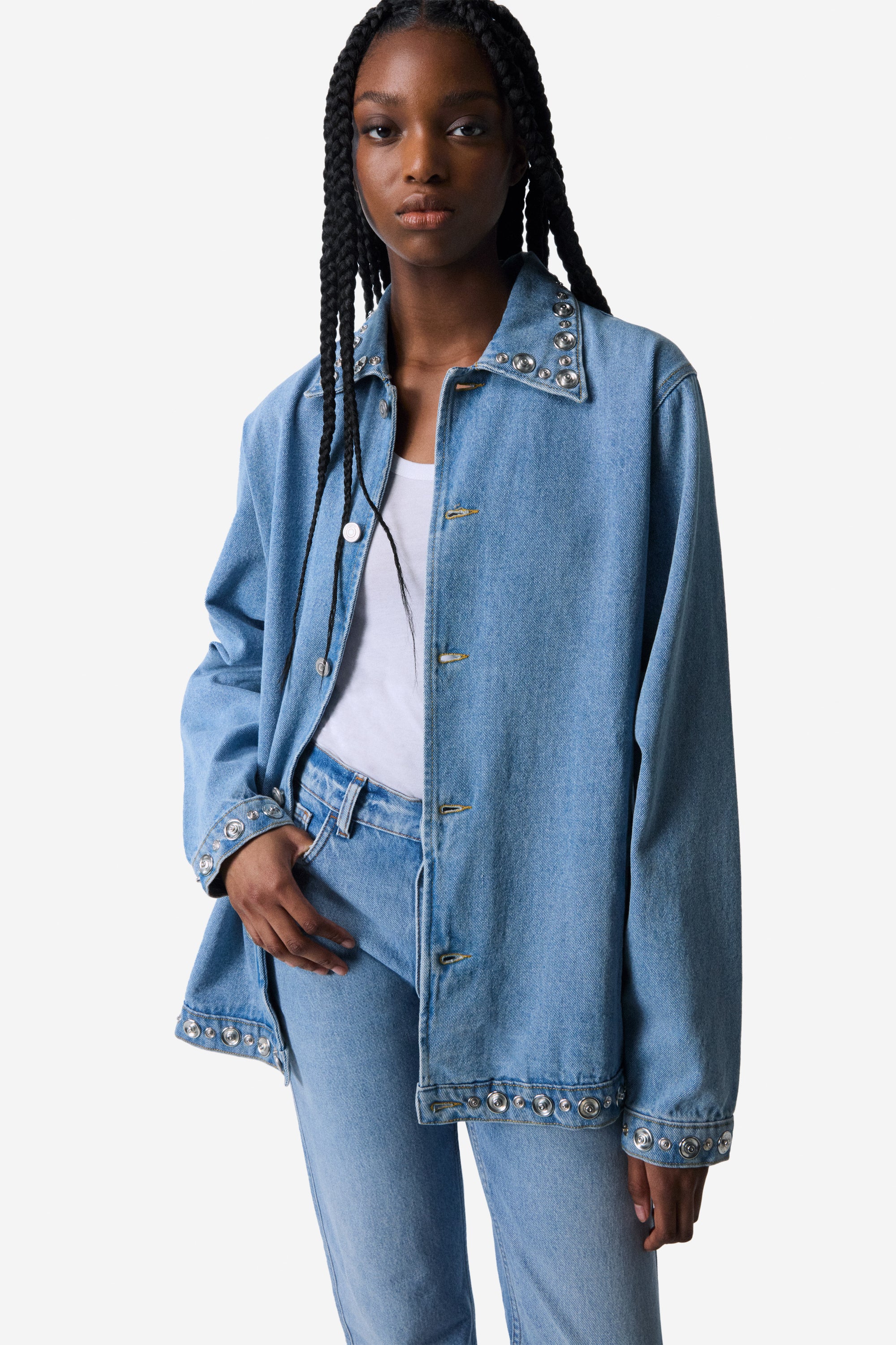 Studded denim jacket womens store